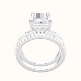 illusion Pave Engagement Ring With V Prong with Hidden Halo Head and Matching Band