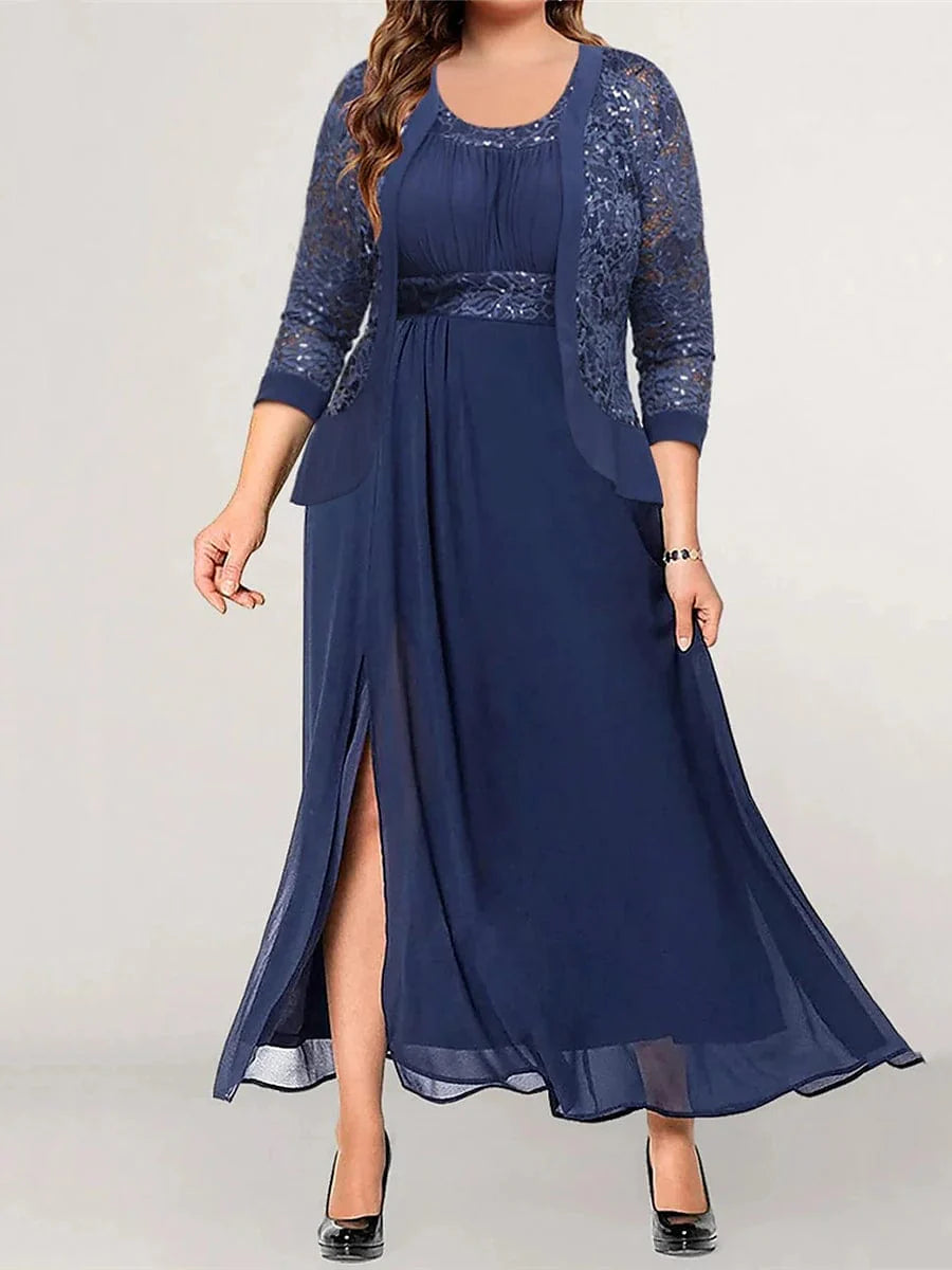 Lace Patchwork Navy Blue Maxi Dress for Women's Plus Size