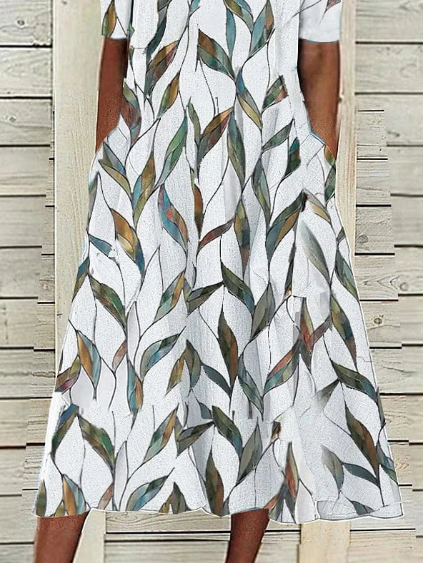 Leaf Print V Neck Midi Dress for Women