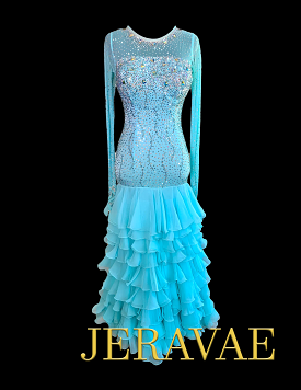 Light Blue Ballroom Dress with Long Mesh Sleeves, Illusion Neckline, Stoning Details, Keyhole Back, and Skirt with Multiple Laye