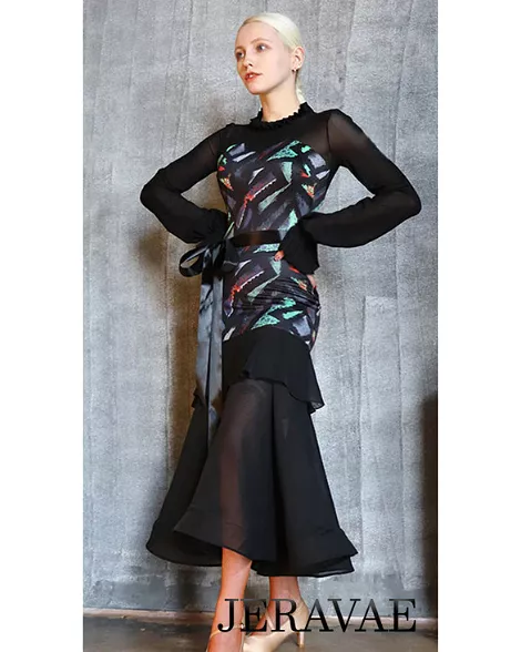 Long Ballroom Practice Dress with Satin Belt, Long Sleeves, Geometric Colorful Print, and Flutter at Top of Skirt PRA 770_sale