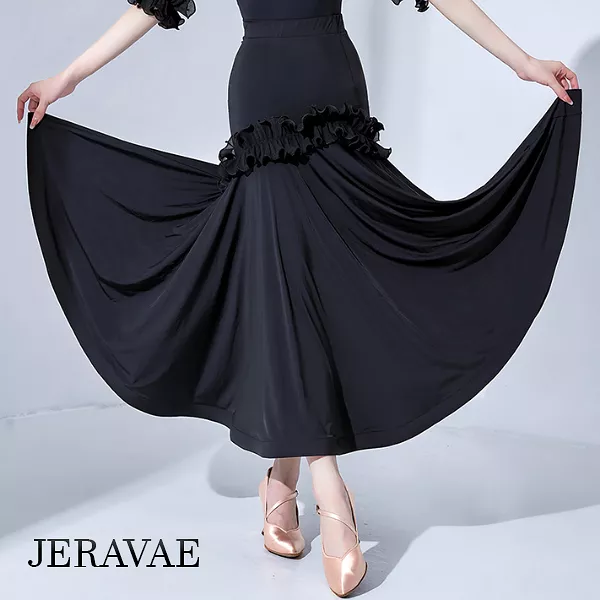 Long Black Ballroom Practice Skirt with Ruffle Detail and Wrapped Horsehair Hem PRA 796 in Stock