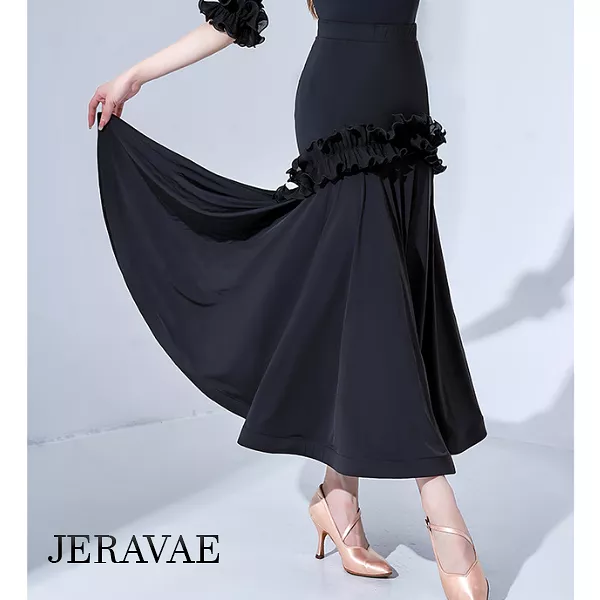 Long Black Ballroom Practice Skirt with Ruffle Detail and Wrapped Horsehair Hem PRA 796 in Stock