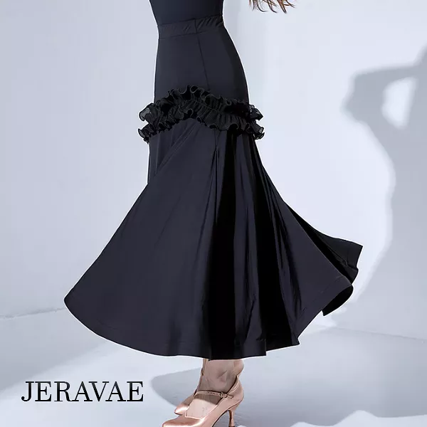 Long Black Ballroom Practice Skirt with Ruffle Detail and Wrapped Horsehair Hem PRA 796 in Stock