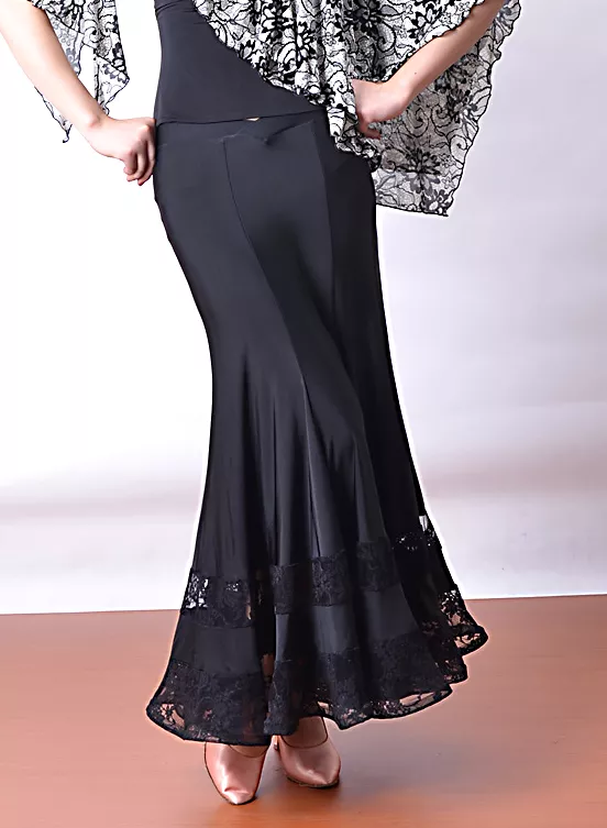 Long Black Ballroom Practice Skirt with V-Shaped Front Soft Stretch Waistband and Double Lace Panels PRA 810