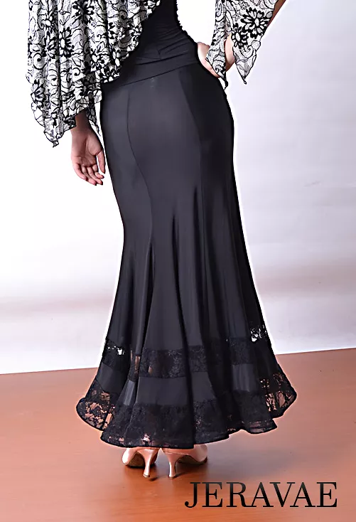 Long Black Ballroom Practice Skirt with V-Shaped Front Soft Stretch Waistband and Double Lace Panels PRA 810