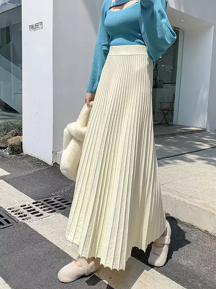 Maxi Knitted Skirt Women 2023 Autumn Winter Casual Solid All-match Thick Warm A Line High Waist Long Skirt Female Ladies