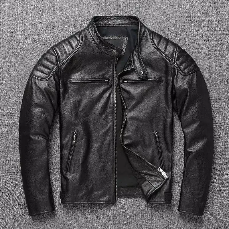 Mens Vintage Real Cowhide Genuine Leather Jacket Men Motorcycle Coat Mens