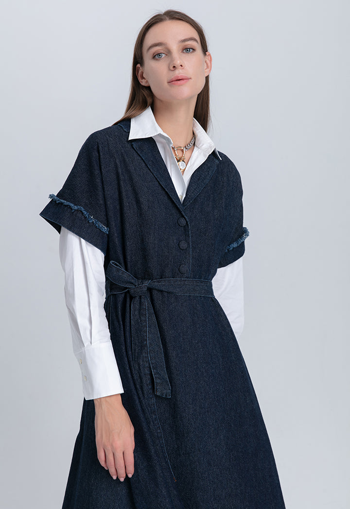 Notched Lapel Frayed Hem Denim Dress