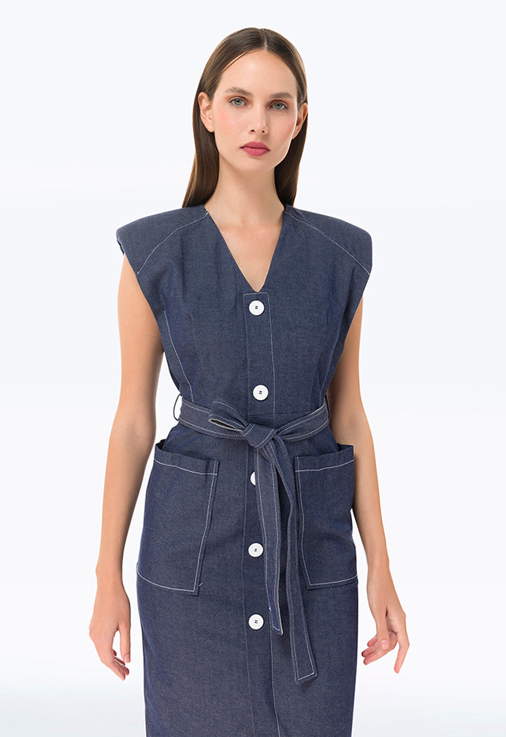 Padded Shoulder Denim Midi Dress