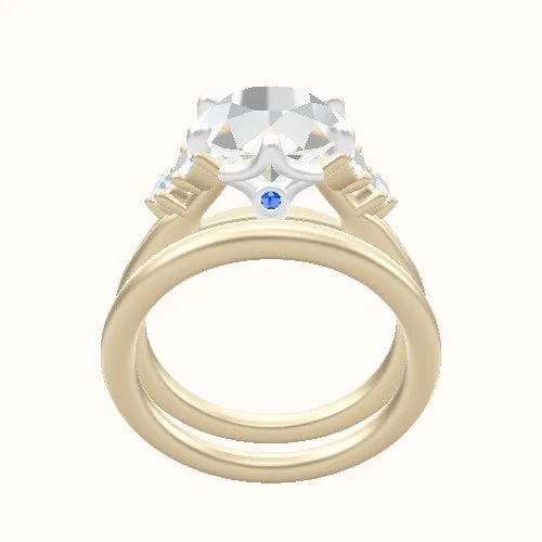 Plain Band with Marquise & Round Diamond Sidestones Engagement Ring With Crown Six Prong w. accent Diamond Head and Matching Ban