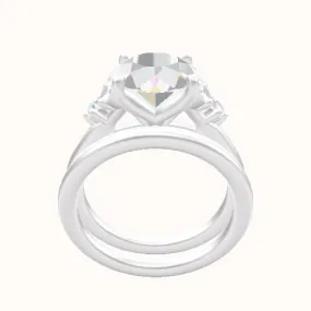 Plain Band with Marquise & Round Diamond Sidestones Engagement Ring With Petal Four Prong Head and Matching Band