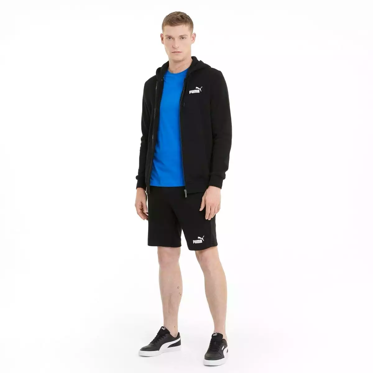 PUMA MEN'S ESSENTIALS FULL-ZIP LOGO HOODED BLACK JACKET