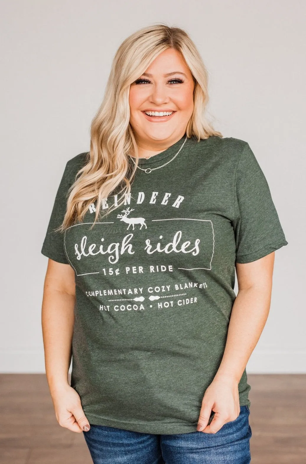 Reindeer Sleigh Rides Graphic Tee- Hunter Green