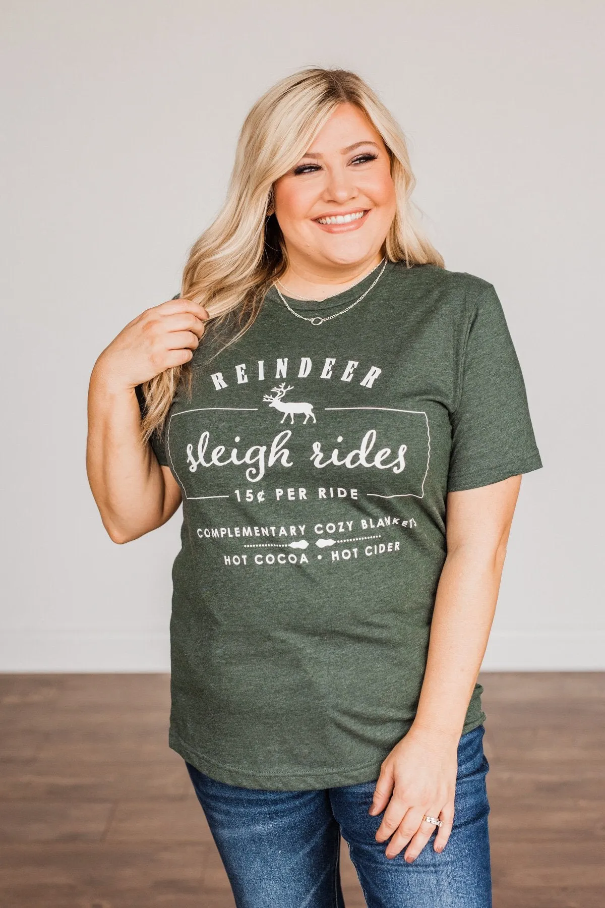 Reindeer Sleigh Rides Graphic Tee- Hunter Green