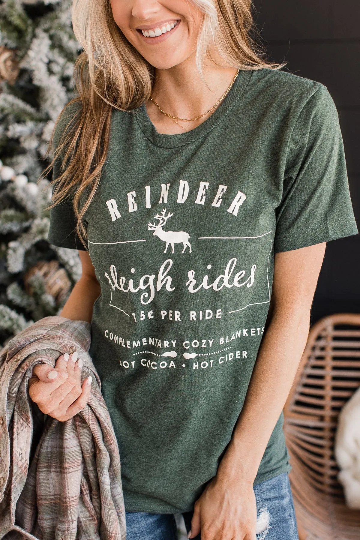 Reindeer Sleigh Rides Graphic Tee- Hunter Green