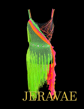 Resale Fiore Sleeveless Latin Dress with Black Bodysuit, Green Fishnet Asymmetrical Skirt, Fringe, Pink and Orange Mesh Ruffles,