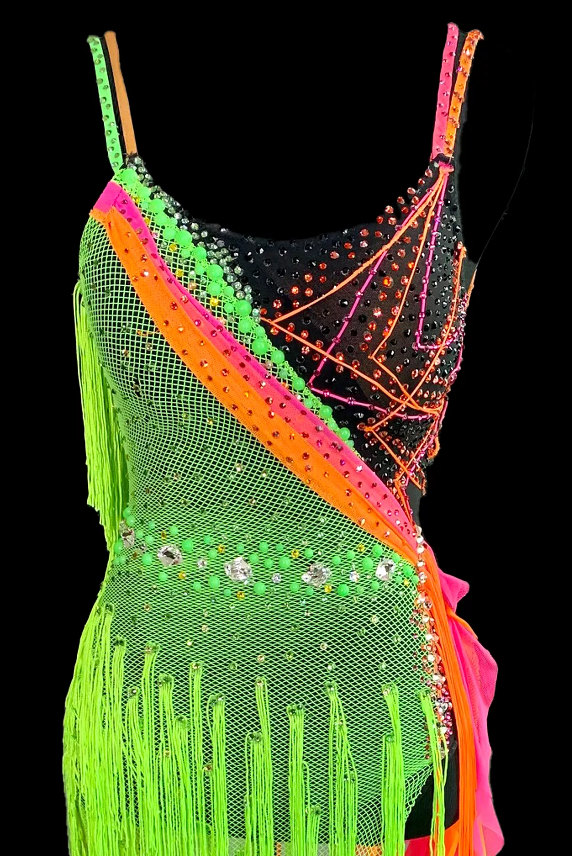 Resale Fiore Sleeveless Latin Dress with Black Bodysuit, Green Fishnet Asymmetrical Skirt, Fringe, Pink and Orange Mesh Ruffles,