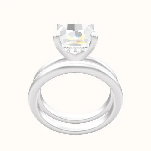 Rounded Solitaire Engagement Ring With V Prong with Hidden Halo Head and Matching Band