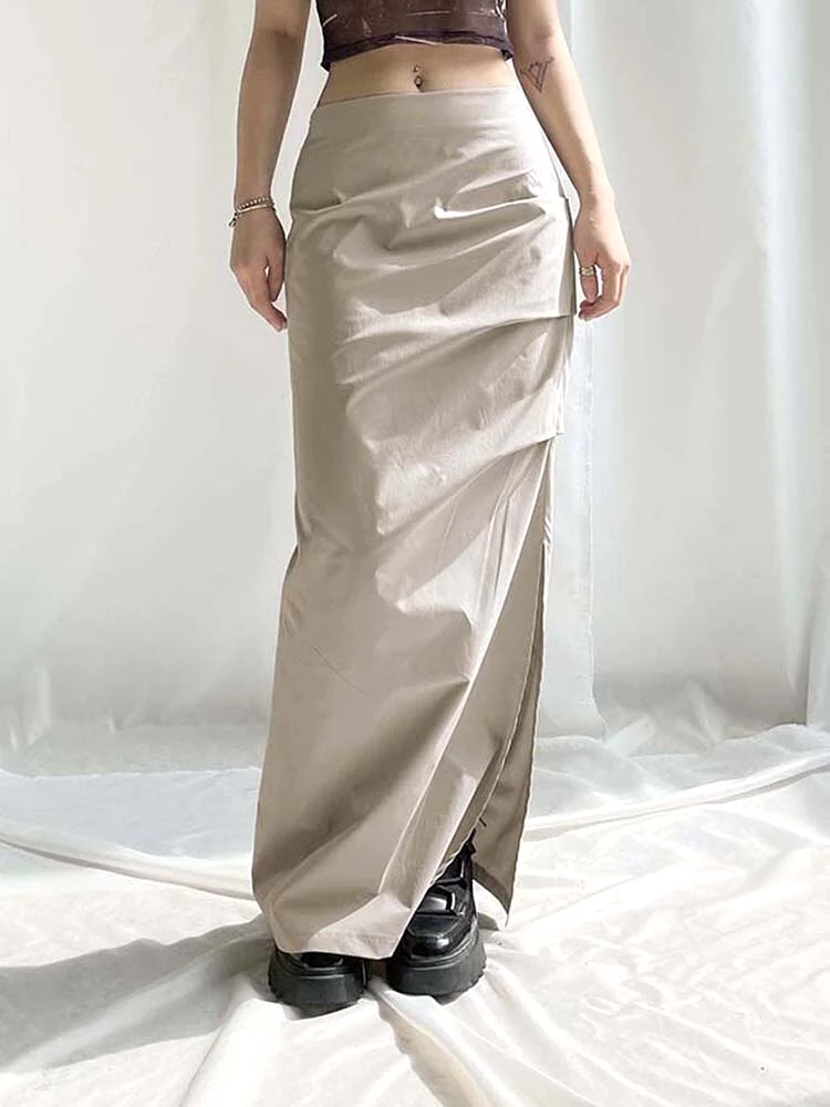 Ruched Low Waist Y2K Long Skirt For Women Split Solid Fairycore Grunge Ankle-Length Cargo Skirts Preppy Holiday Outfits