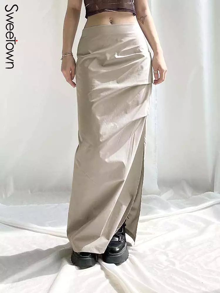 Ruched Low Waist Y2K Long Skirt For Women Split Solid Fairycore Grunge Ankle-Length Cargo Skirts Preppy Holiday Outfits