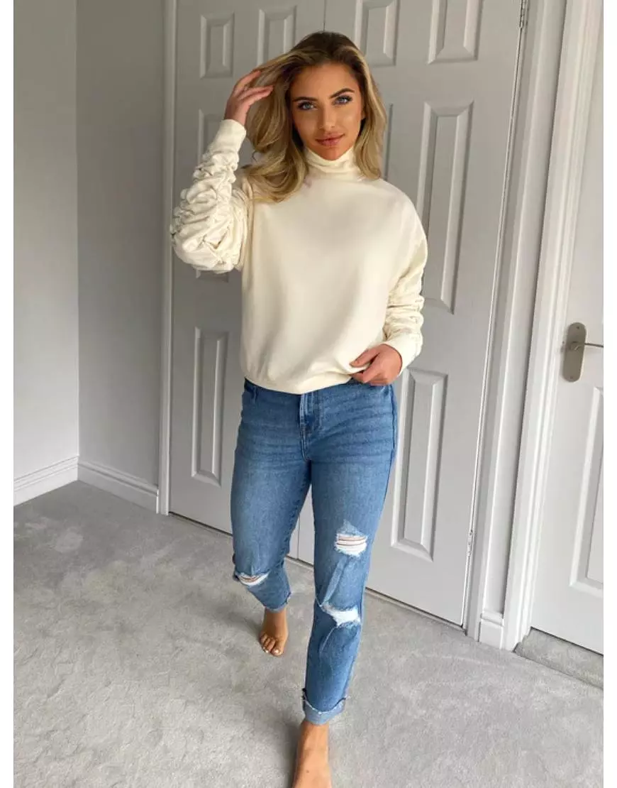 Ruched Sleeve High Neck Sweaters