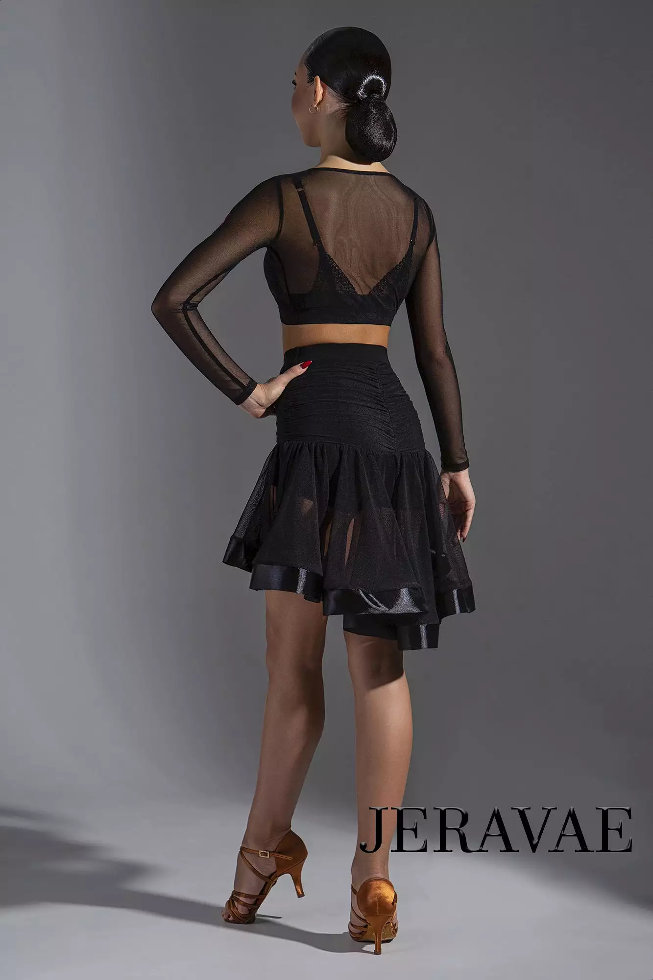 See Through Black Latin Practice Skirt with Asymmetrical Length, Satin Hem, Ruched Back, and Sewn-in Shorts PRA 577