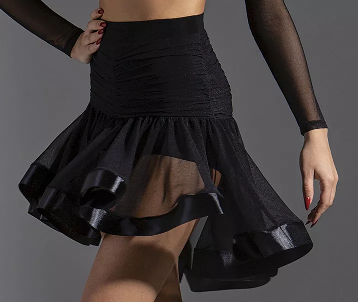 See Through Black Latin Practice Skirt with Asymmetrical Length, Satin Hem, Ruched Back, and Sewn-in Shorts PRA 577