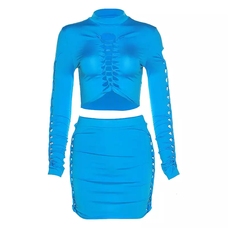 Sexy Women's suit Long Sleeve hollow out navel top + tight skirt 2 piece set women