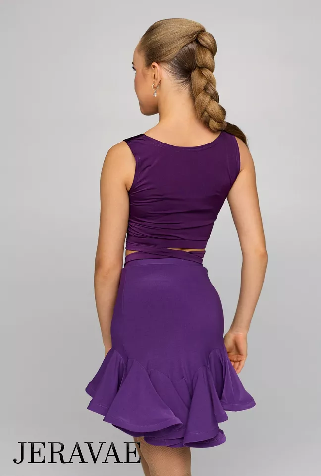 Short Ruffle Purple Latin Practice Skirt with Dropped Yoke and Wrapped Horsehair Hem PRA 826