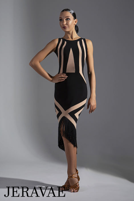 Sleeveless Black and Nude Color Block Latin Practice Dress with Asymmetrical Skirt and Fringe Hem PRA 572