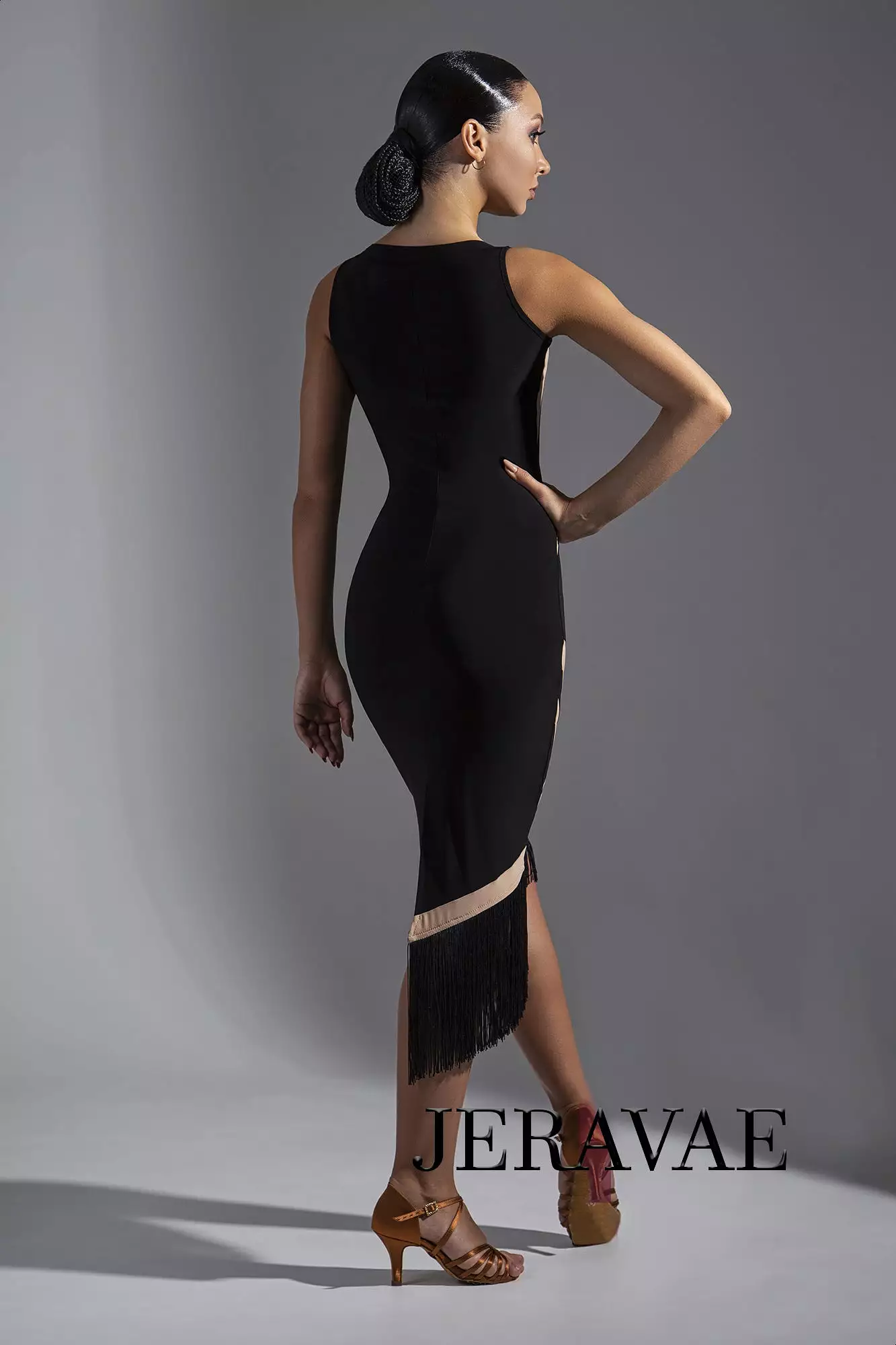 Sleeveless Black and Nude Color Block Latin Practice Dress with Asymmetrical Skirt and Fringe Hem PRA 572