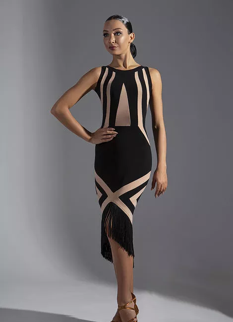 Sleeveless Black and Nude Color Block Latin Practice Dress with Asymmetrical Skirt and Fringe Hem PRA 572