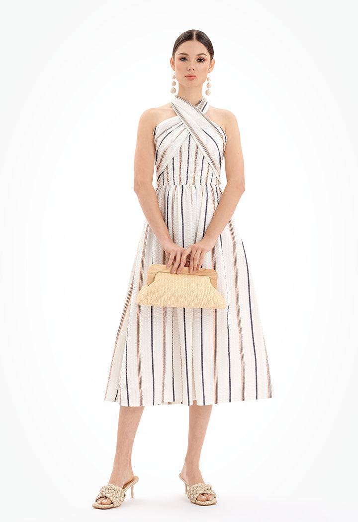 Sleeveless Halter Neck Striped Midi Dress