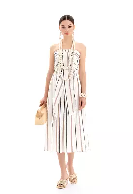 Sleeveless Halter Neck Striped Midi Dress