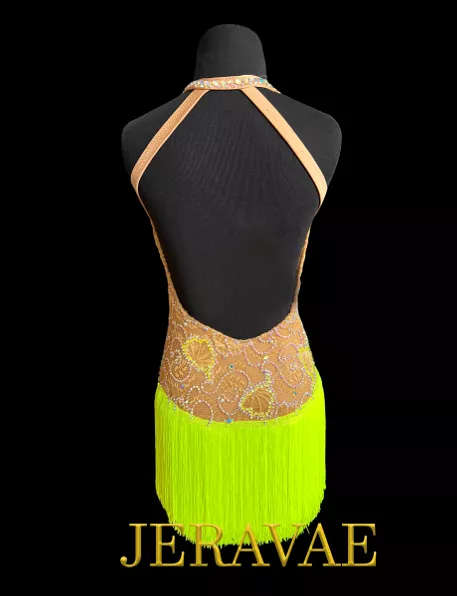 Sleeveless Nude Lace Applique Latin Consignment Dress with Deep V-Neckline, Stoning Details, Mesh Inserts, Neon Yellow Fringe Sk