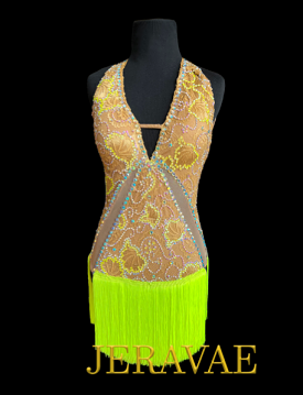 Sleeveless Nude Lace Applique Latin Consignment Dress with Deep V-Neckline, Stoning Details, Mesh Inserts, Neon Yellow Fringe Sk