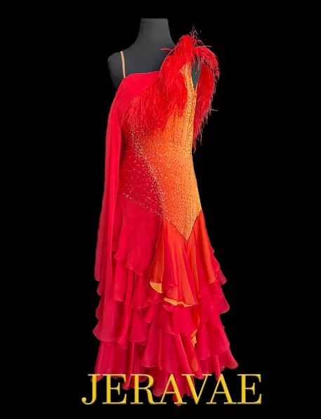 Sleeveless Red and Orange Ballroom Dress with Long Multi-Layered Chiffon Skirt, Attached Float, Feather Detail on One Shoulder, 