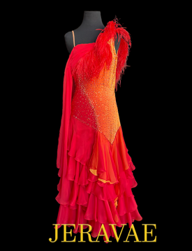 Sleeveless Red and Orange Ballroom Dress with Long Multi-Layered Chiffon Skirt, Attached Float, Feather Detail on One Shoulder, 