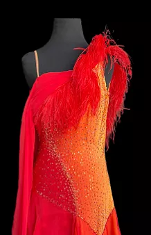 Sleeveless Red and Orange Ballroom Dress with Long Multi-Layered Chiffon Skirt, Attached Float, Feather Detail on One Shoulder, 