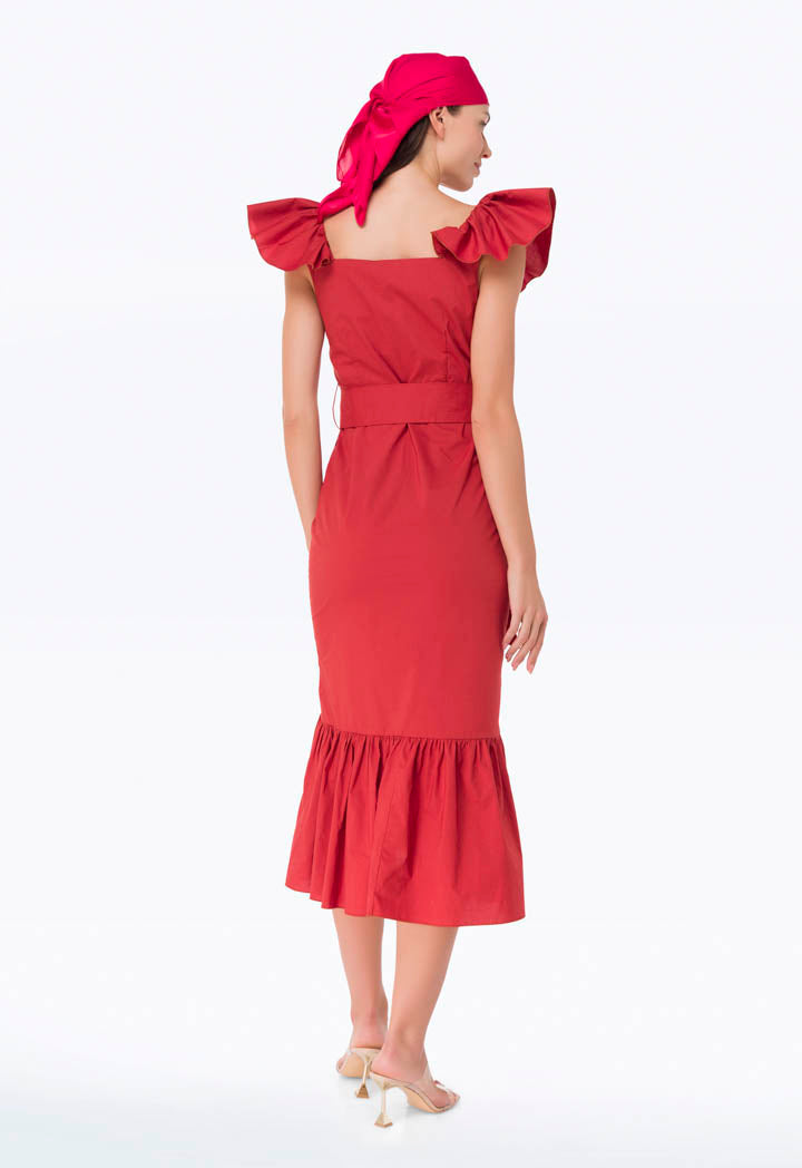 Solid Frilled Asymmetrical Neck Dress