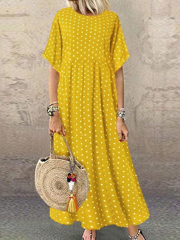 Stylish Polka Dot Maxi Dress for Women in Green, Blue, and Yellow - Elegant and Versatile with Short Sleeves