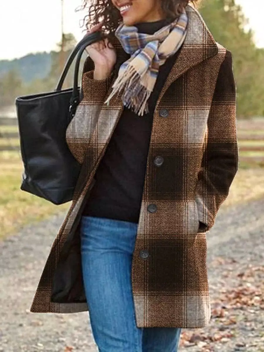 Stylish Women's Plaid Maillard Windproof Long Coat for Winter