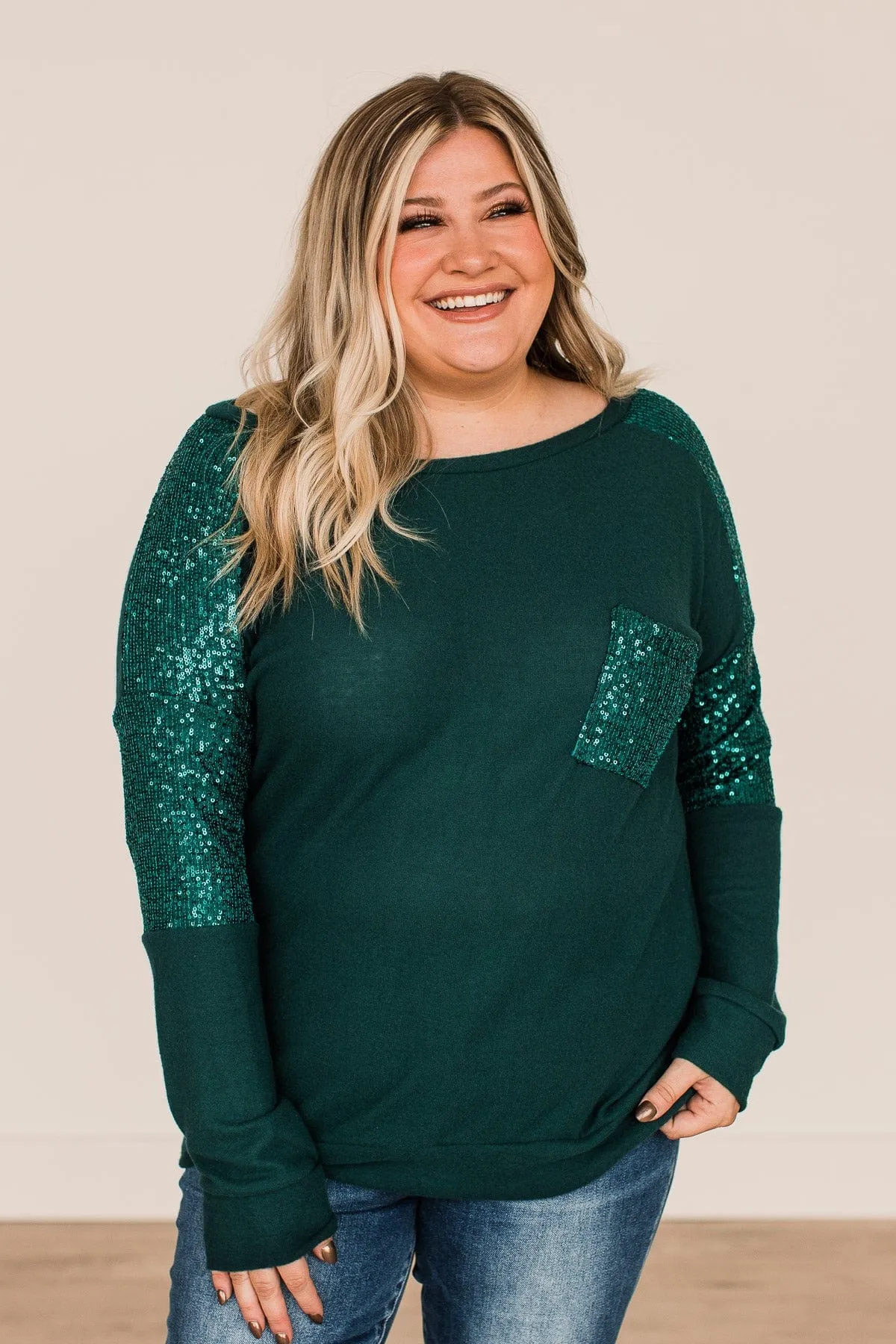 Take Note Sequin Knit Top- Hunter Green