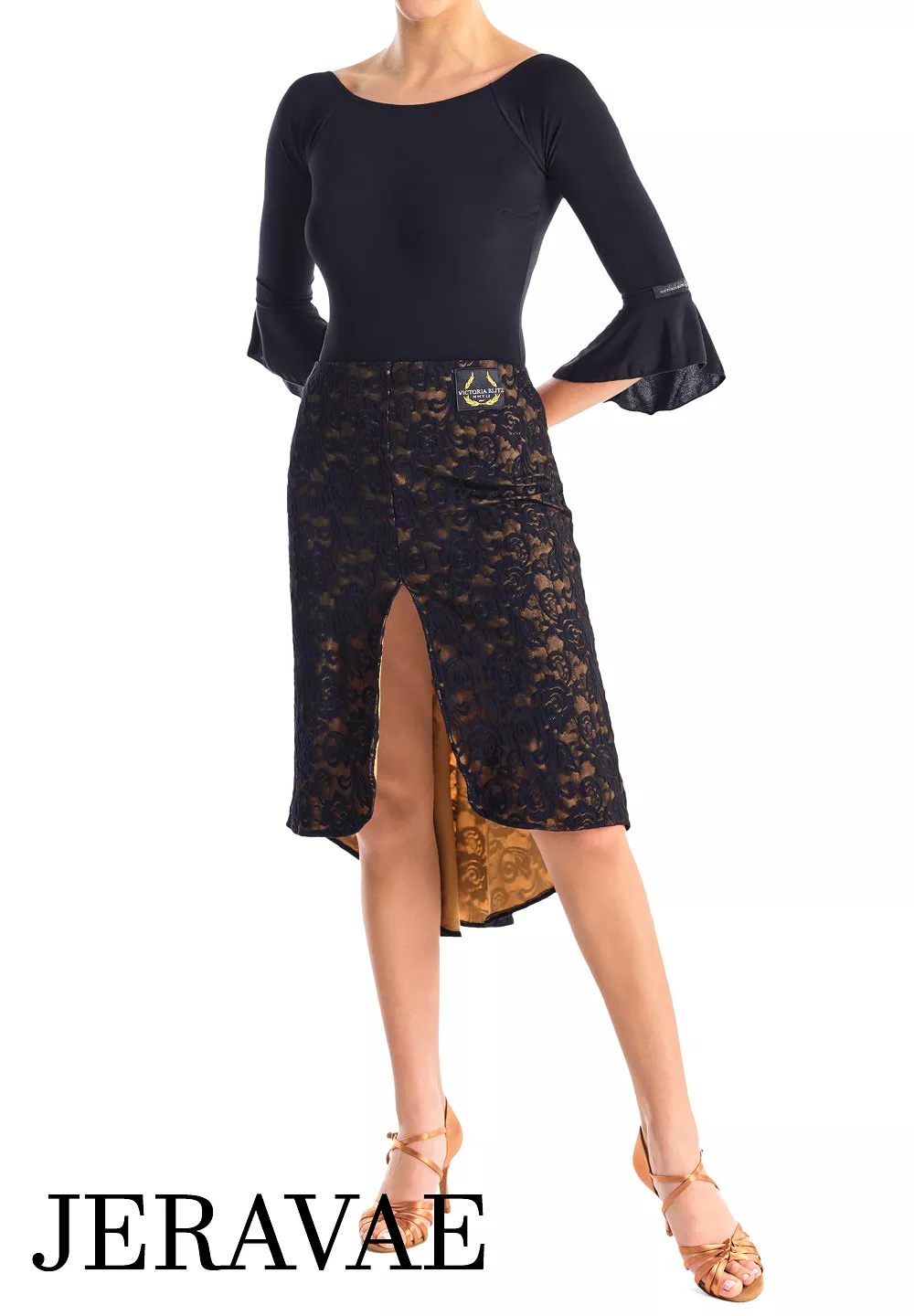 Victoria Blitz CANICATTI Black Latin Practice Skirt with High Front Slit, Asymmetric Cut in Back, and Floral Lace Overlay with F