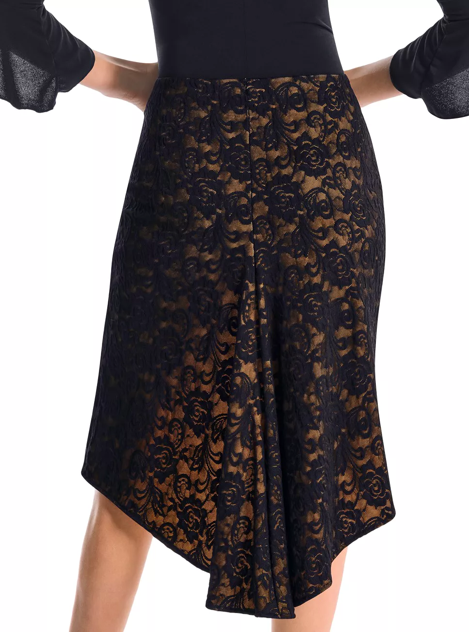 Victoria Blitz CANICATTI Black Latin Practice Skirt with High Front Slit, Asymmetric Cut in Back, and Floral Lace Overlay with F