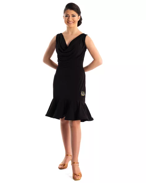 Victoria Blitz Cefalu Sleeveless Black Latin Practice Dress with Draping Design at V-Neckline and Flared Skirt PRA 720 in Stock