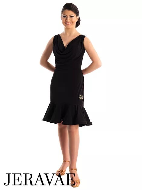 Victoria Blitz Cefalu Sleeveless Black Latin Practice Dress with Draping Design at V-Neckline and Flared Skirt PRA 720 in Stock