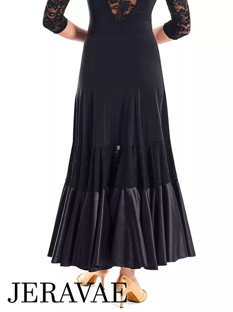 Victoria Blitz Frame Black Ballroom Practice Skirt with Panel of Stretch Lace, Satin Hem, Elastic Waistband, and Wide Skirt PRA 