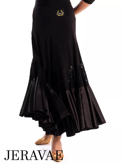 Victoria Blitz Frame Black Ballroom Practice Skirt with Panel of Stretch Lace, Satin Hem, Elastic Waistband, and Wide Skirt PRA 